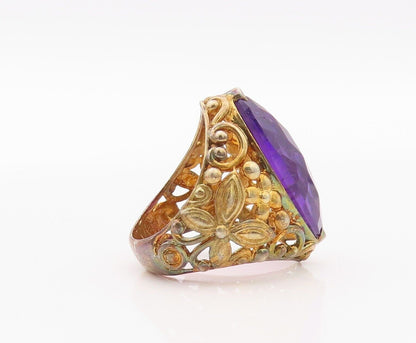 925 Sterling Silver Vintage Ring Gold Plated Floral Carved Amethyst Sz 7 RG29968