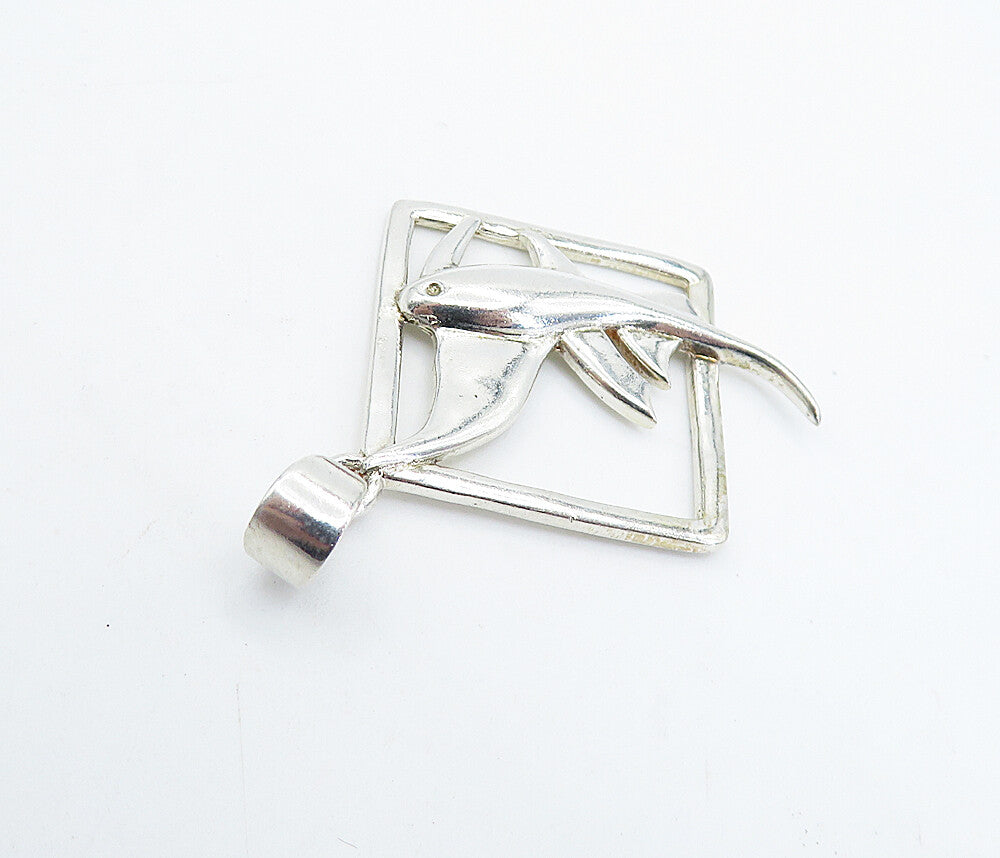 925 Sterling Silver  Vintage Shiny Fish Motif Open Square Drop Pendant  PT4911
