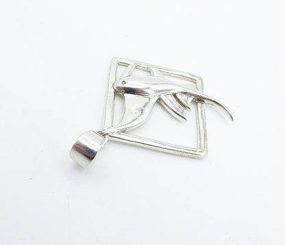 925 Sterling Silver  Vintage Shiny Fish Motif Open Square Drop Pendant  PT4911