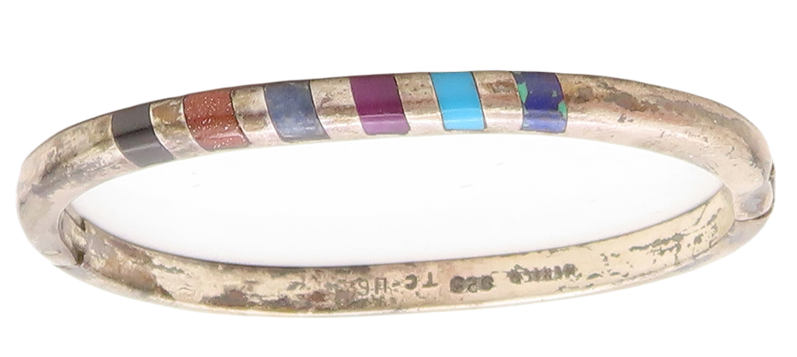 MEXICO 925 Silver Vintage Multi Gemstone Striped Oval Bangle Bracelet BT2981