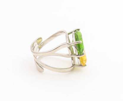 925 Sterling Silver Vintage Ring Modernist Peridot & Citrine Band Sz 7.5 RG36753