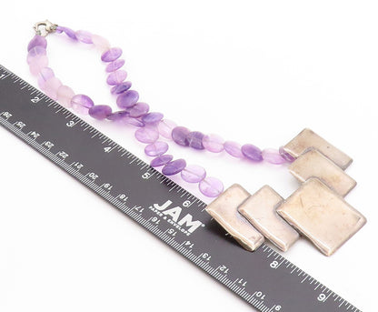 925 Sterling Silver Vintage Necklace Cubed Amethyst Graduated Setting NE4530