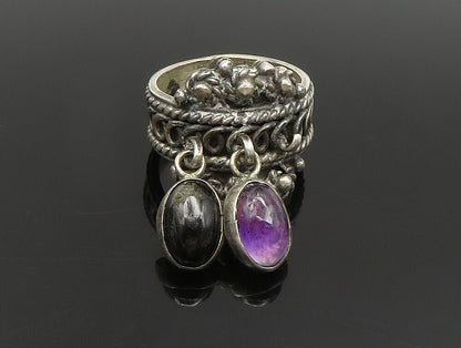 925 Silver  Vintage Rope Twist Onyx & Amethyst Dangle Ring Sz 5  RG24427
