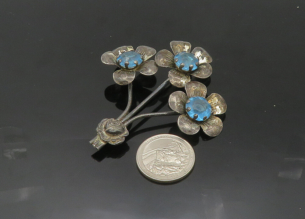 925 Sterling Silver  Vintage Blue Topaz Flower Bunch Motif Brooch Pin  BP8227