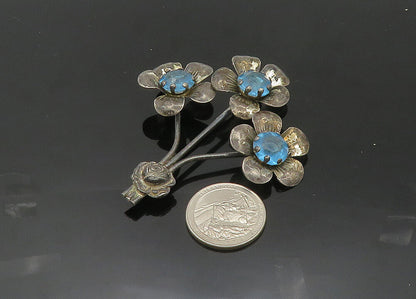925 Sterling Silver  Vintage Blue Topaz Flower Bunch Motif Brooch Pin  BP8227
