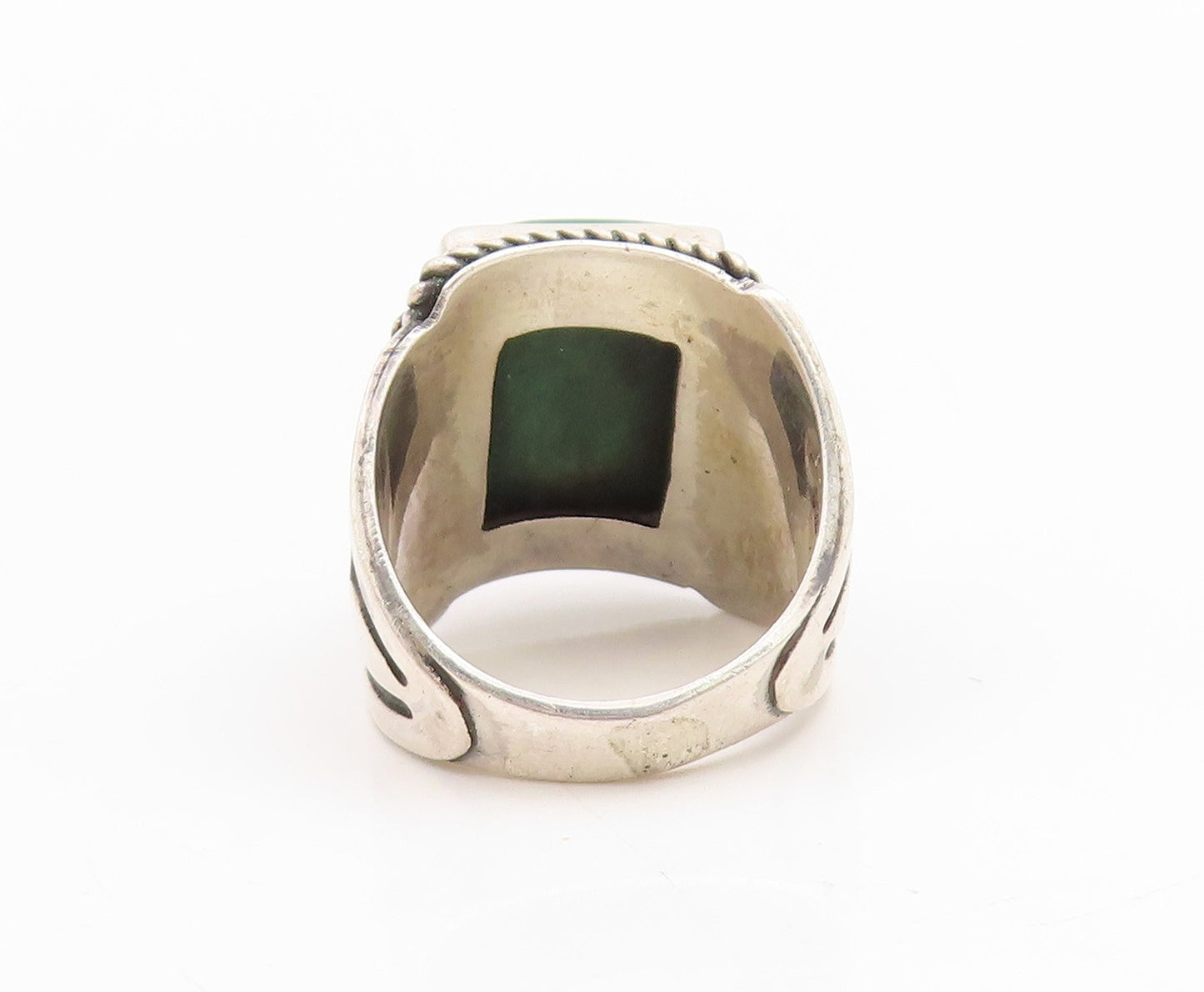 925 Sterling Silver Vintage Ring Green Gemstone Chunky Carved Band Sz 8 RG34831