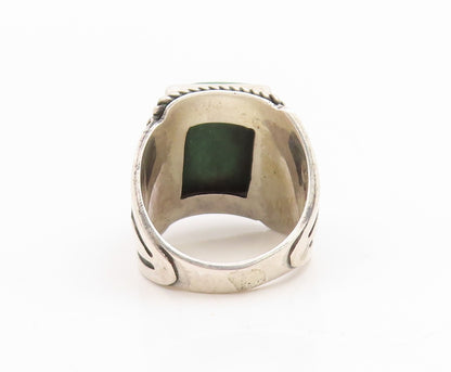925 Sterling Silver Vintage Ring Green Gemstone Chunky Carved Band Sz 8 RG34831