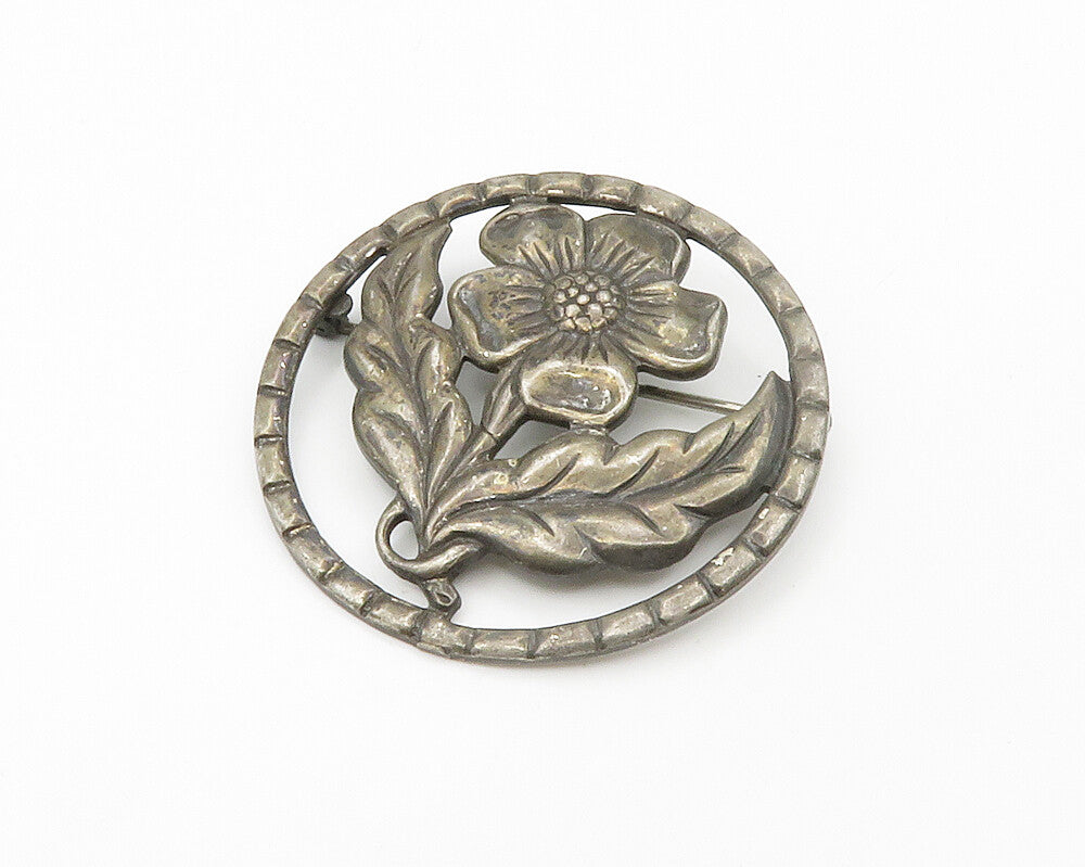 925 Sterling Silver  Vintage Dark Tone Single Flower Round Brooch Pin  BP5708