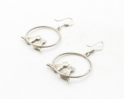 925 Sterling Silver  Vintage Dark Tone Cat Couple Dangle Earrings  EG6539