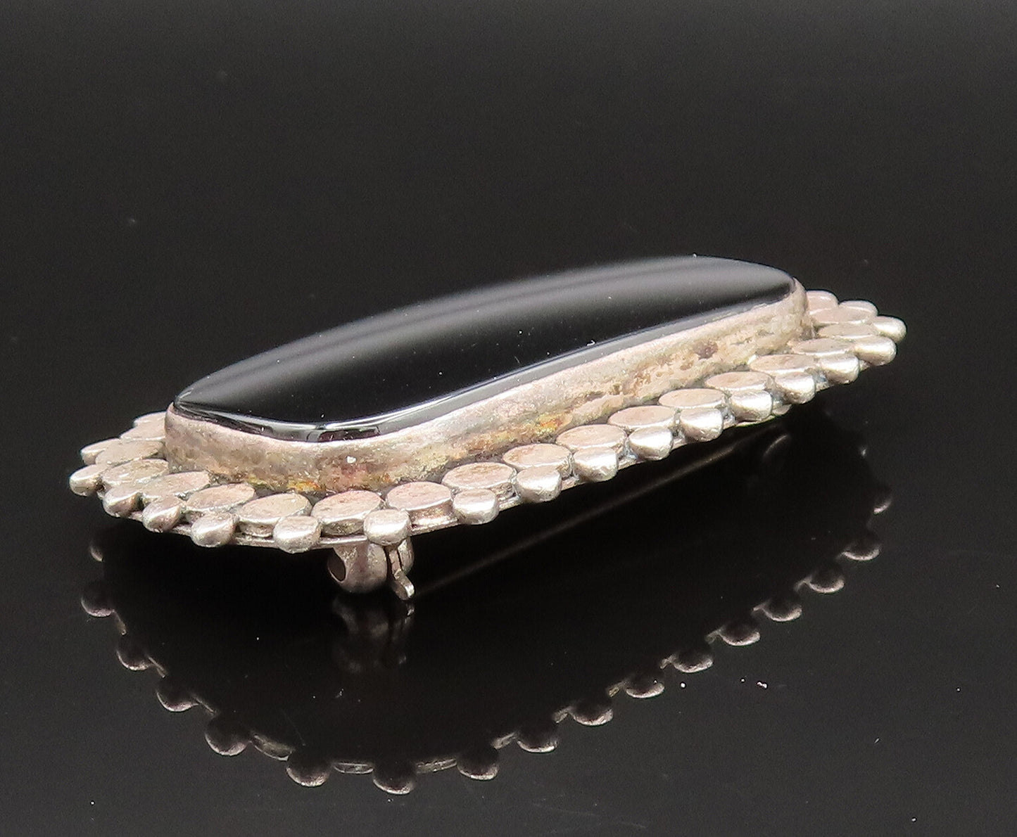 925 Sterling Silver Vintage Dotted Edge Rectangle Black Onyx Brooch Pin BP9649