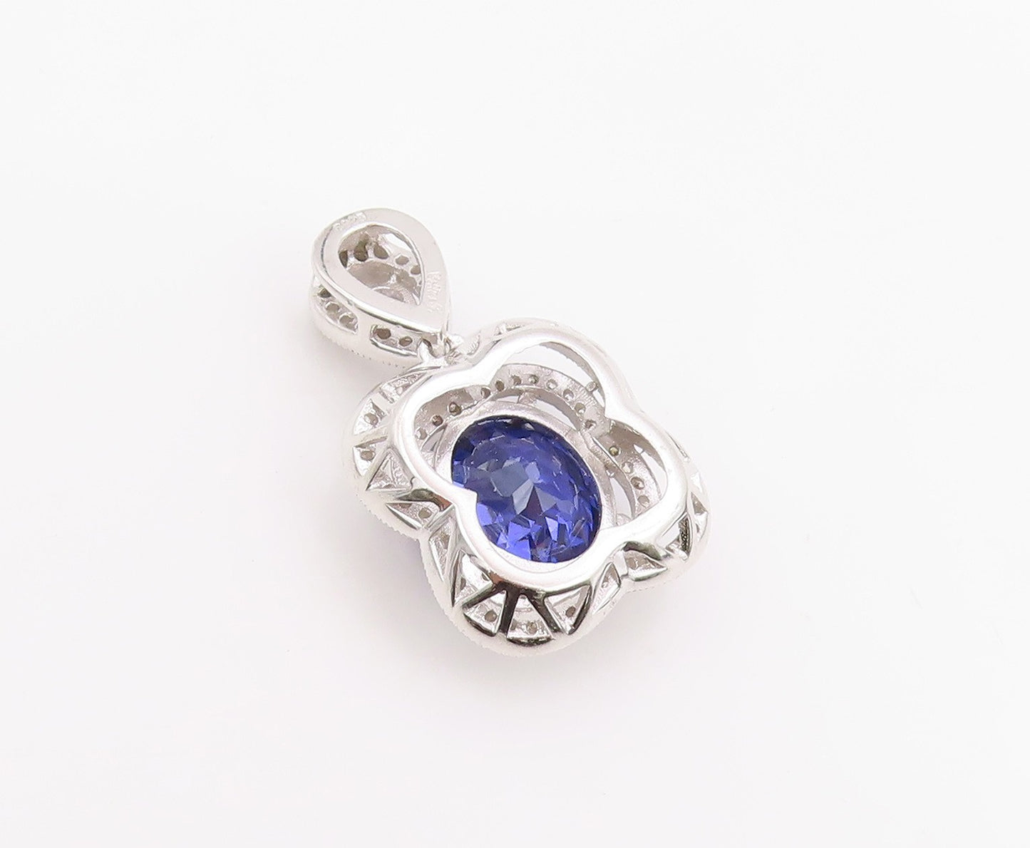 925 Sterling Silver Vintage Pendant CELINE F  Tanzanite Halo CZ Charm  PT25945