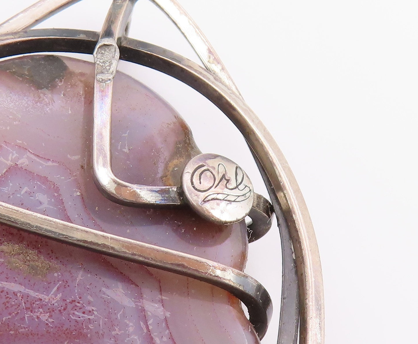 925 Sterling Silver Vintage Pendant ORB Banded Agate Wire Wrapped Locket PT26435