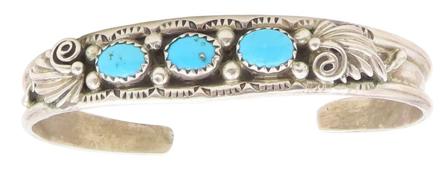 925 Sterling Silver Vintage Bracelet NAVAJO ZUNI Three Stone Turquoise  BT11779