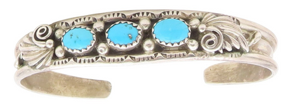 925 Sterling Silver Vintage Bracelet NAVAJO ZUNI Three Stone Turquoise  BT11779
