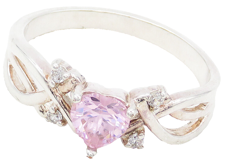 925 Sterling Silver  Pink & White Topaz Love Heart Band Ring Sz 10  RG15898