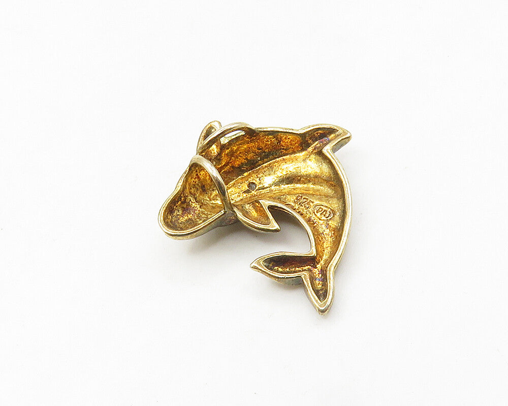 925 Silver  Vintage Genuine Diamond Gold Plated Dolphin Pendant  PT14433