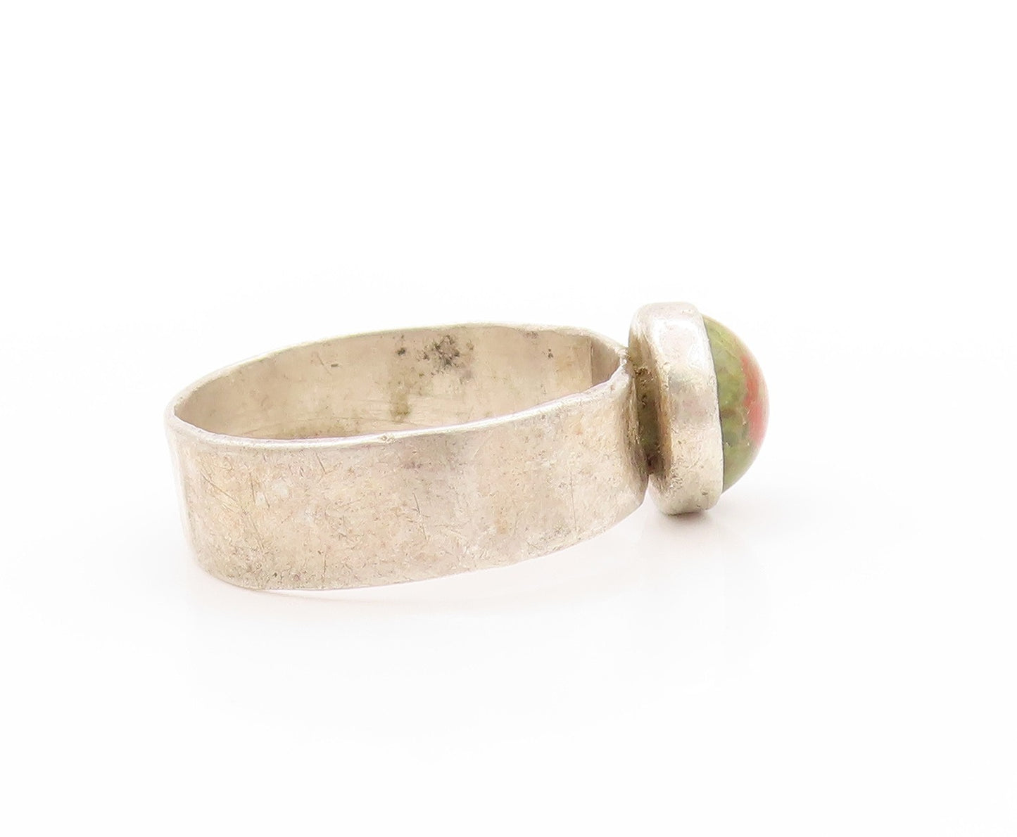 925 Sterling Silver Vintage Ring Minimalist Cabochon Unakite  Sz 8  RG32805