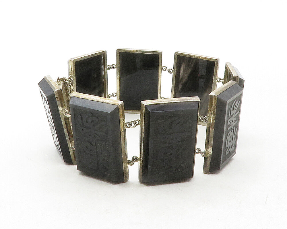 925 Sterling Silver  Vintage Black Onyx Chinese Writing Chain Bracelet  BT4836