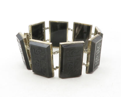 925 Sterling Silver  Vintage Black Onyx Chinese Writing Chain Bracelet  BT4836