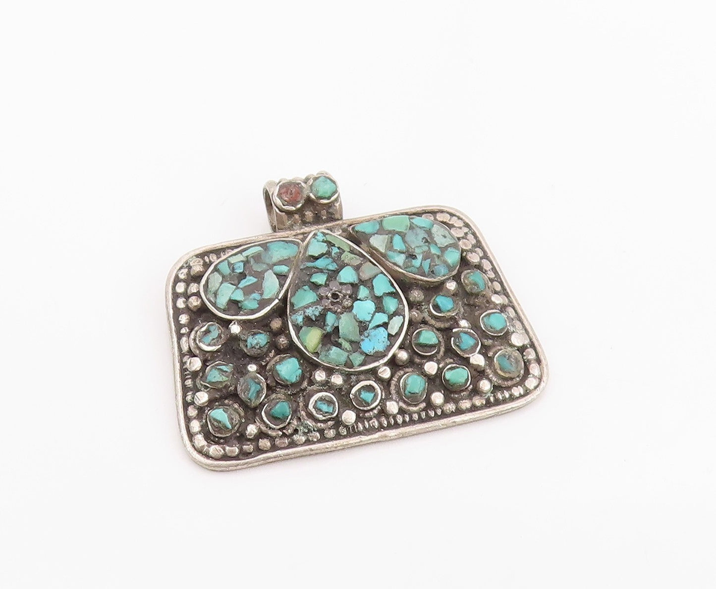 925 Sterling Silver Vintage Pendant Classic Crushed Turquoise Inlay  PT26237