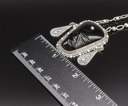 MEXICO 925 Silver  Vintage Carved Face Onyx Beaded Detail Necklace  NE3976