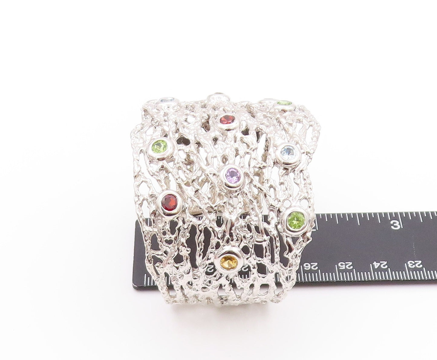925 Sterling Silver Vintage Bracelet Brutalist Cut Gemstone Broad Cuff  BT11230