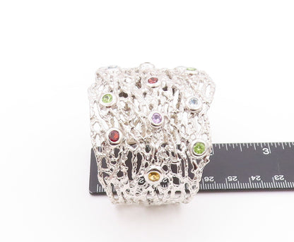925 Sterling Silver Vintage Bracelet Brutalist Cut Gemstone Broad Cuff  BT11230