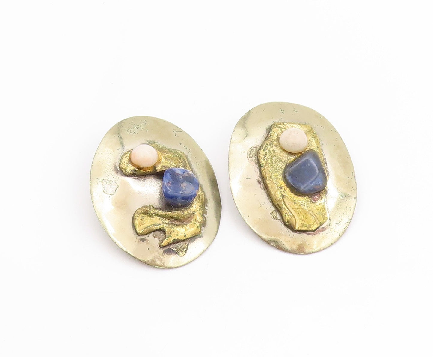 925 Sterling Silver Vintage Earrings Modernist Multi Gemstone Brutalist  EG13682
