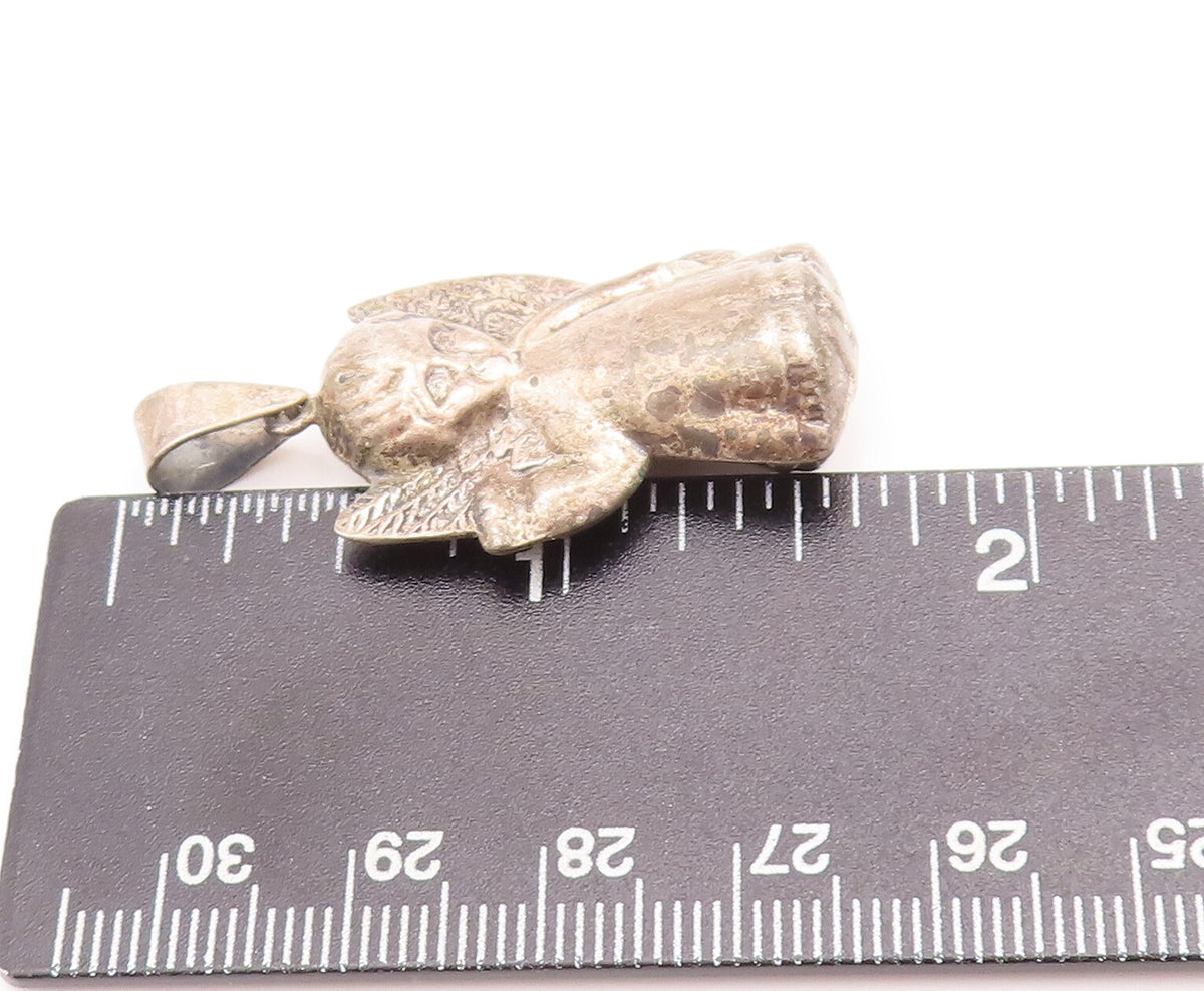925 Sterling Silver Vintage Pendant Puffed Carved Baby Angel With Wings  PT23274