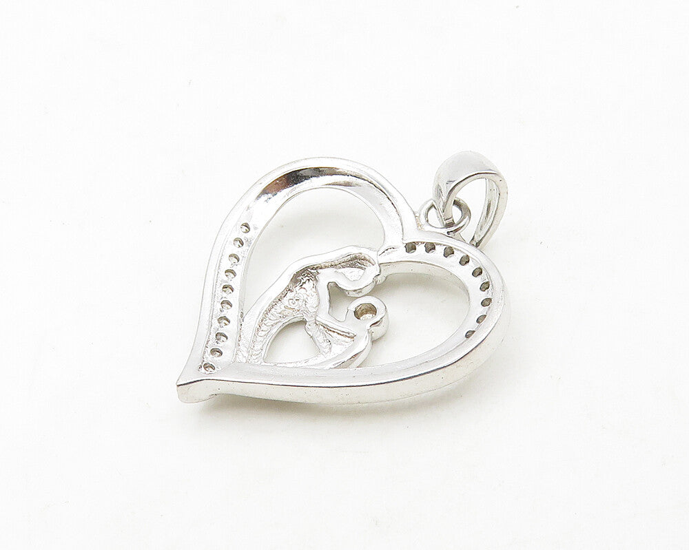 925 Sterling Silver  Cubic Zirconia Mom & Baby Love Heart Pendant  PT15158