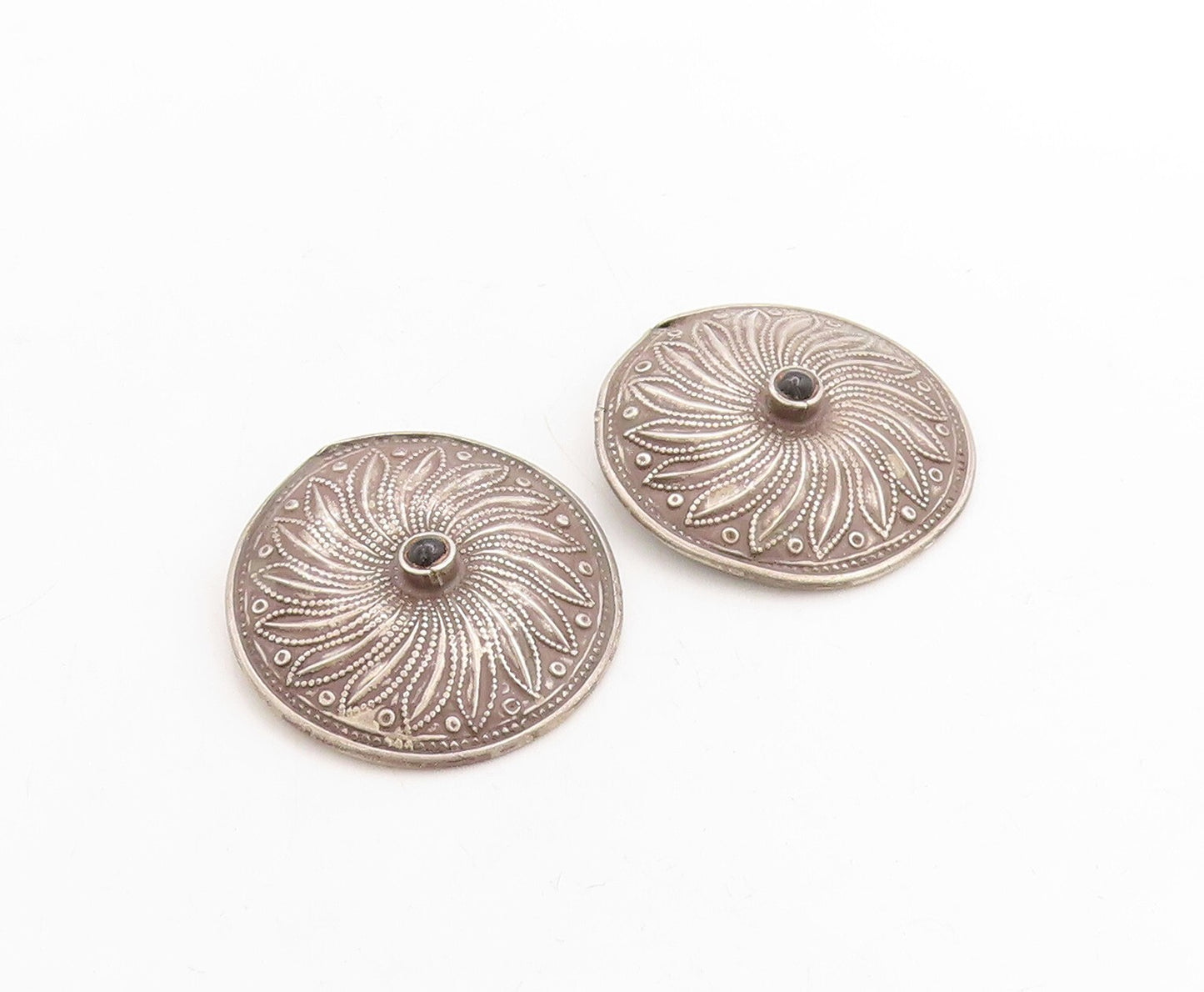 925 Sterling Silver Vintage Earrings SUDHA Dark Tone Carved Onyx Flower EG13272