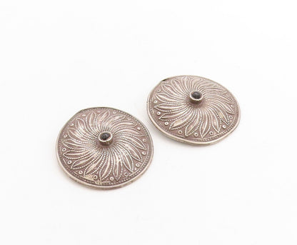 925 Sterling Silver Vintage Earrings SUDHA Dark Tone Carved Onyx Flower EG13272