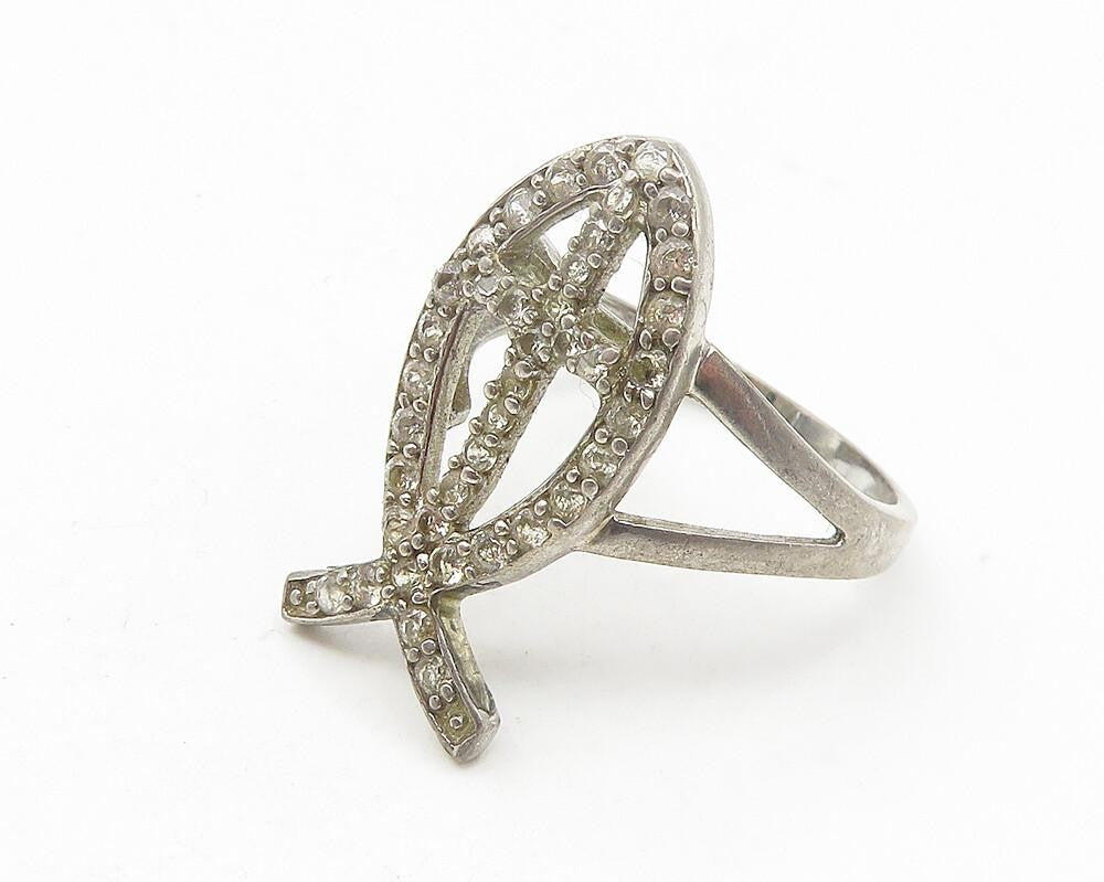 925 Sterling Silver  Vintage Topaz Open Fish Motif Band Ring Sz 9  RG11301