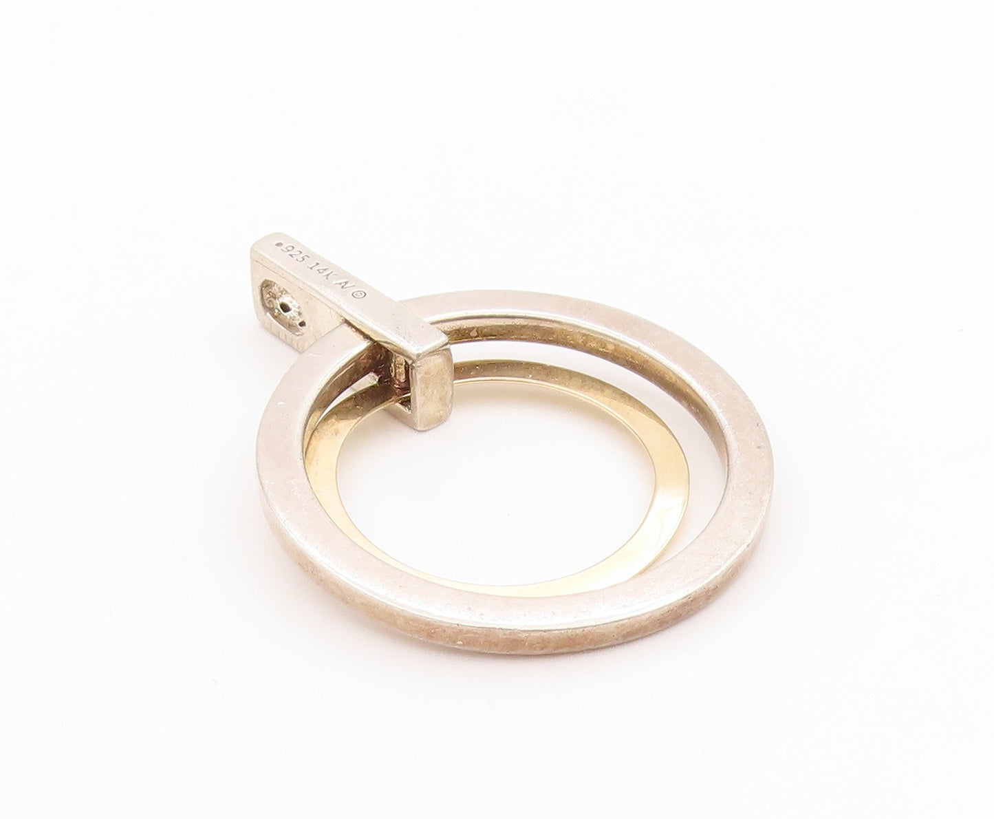 14k Gold 925 Sterling Silver Vintage Pendant Diamonds Inlay Double Rings PT24394
