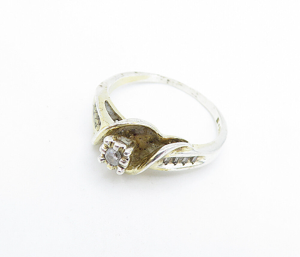 DESIGNER 925 Silver  Vintage Genuine Diamonds Solitaire Ring Sz 9  RG7692