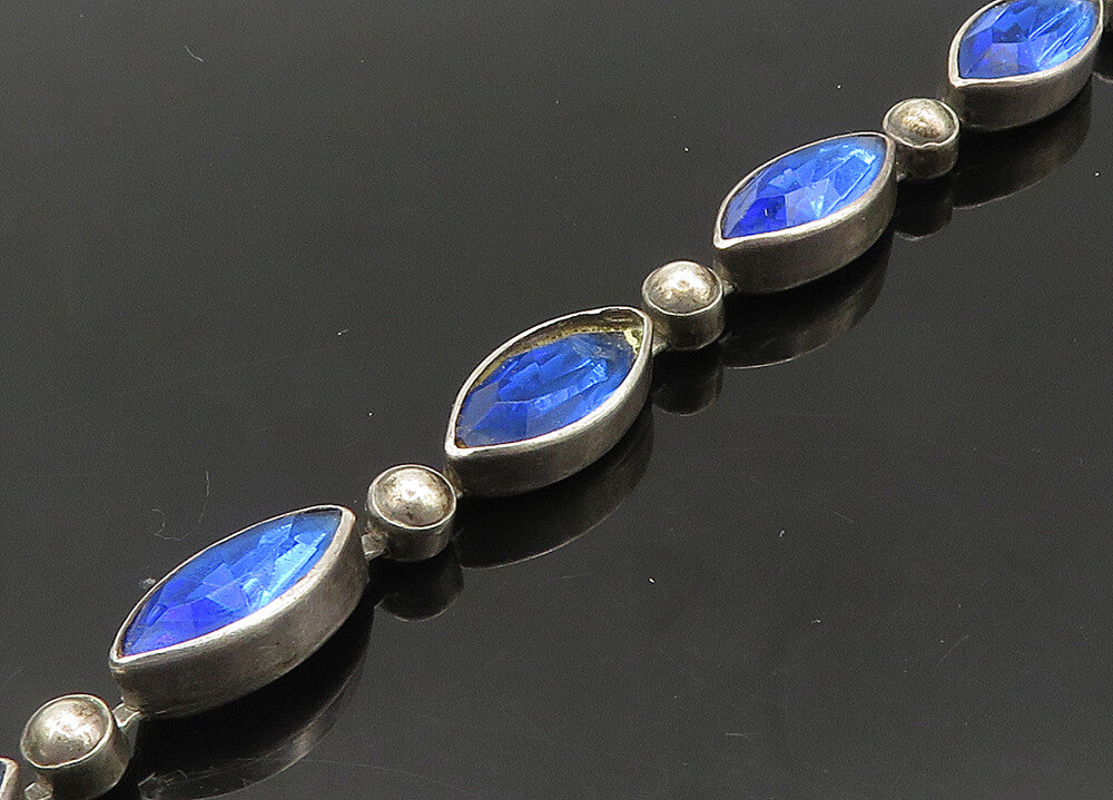 925 Sterling Silver  Vintage Marquise Cut Blue Stone Chain Bracelet  BT8478