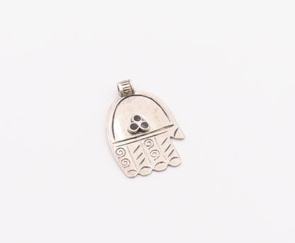 925 Sterling Silver  Vintage Black Onyx Etched Detail Hamsa Pendant  PT16530