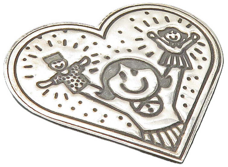 MEXICO 925 Sterling Silver  Vintage Girl Hand Puppets Heart Brooch Pin  BP3555
