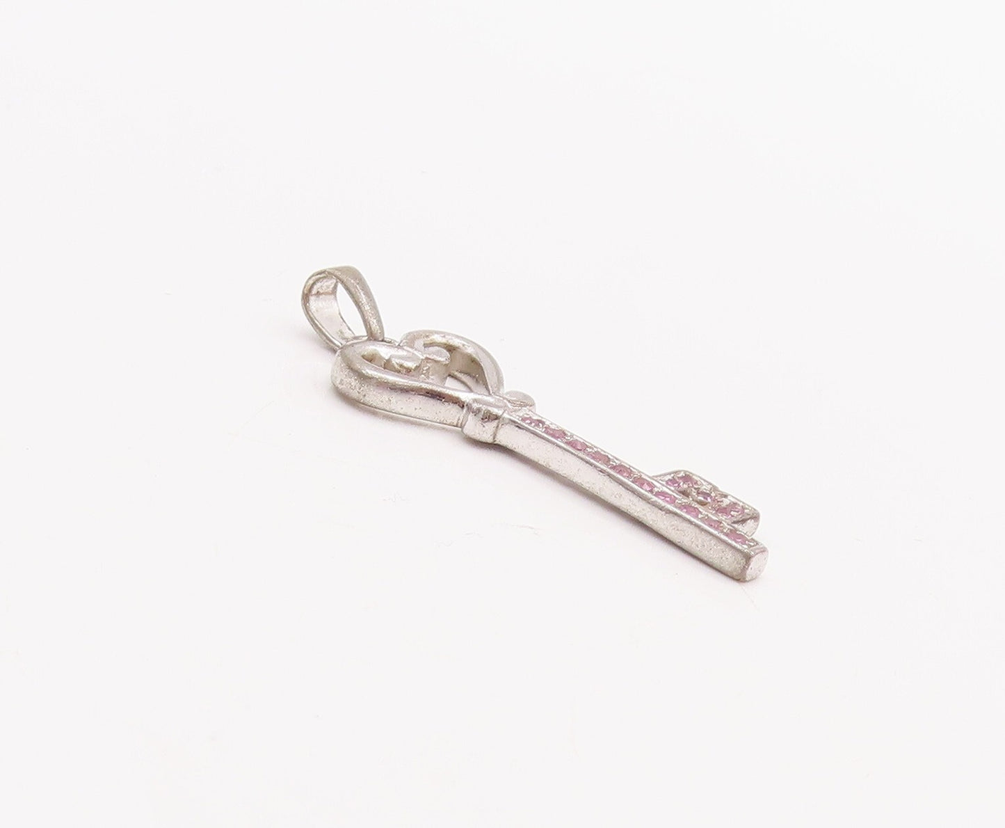 925 Sterling Silver Vintage Pendant Pink Topaz Inlay Key With Heart  PT23343