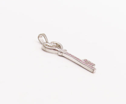 925 Sterling Silver Vintage Pendant Pink Topaz Inlay Key With Heart  PT23343