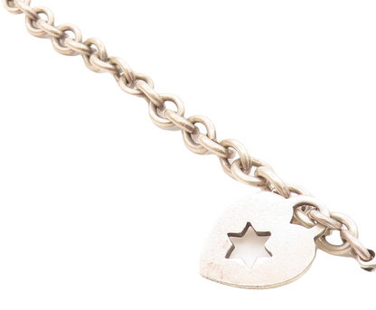 925 Sterling Silver  Vintage Star Cutout Heart Charmed Chain Bracelet  BT2857