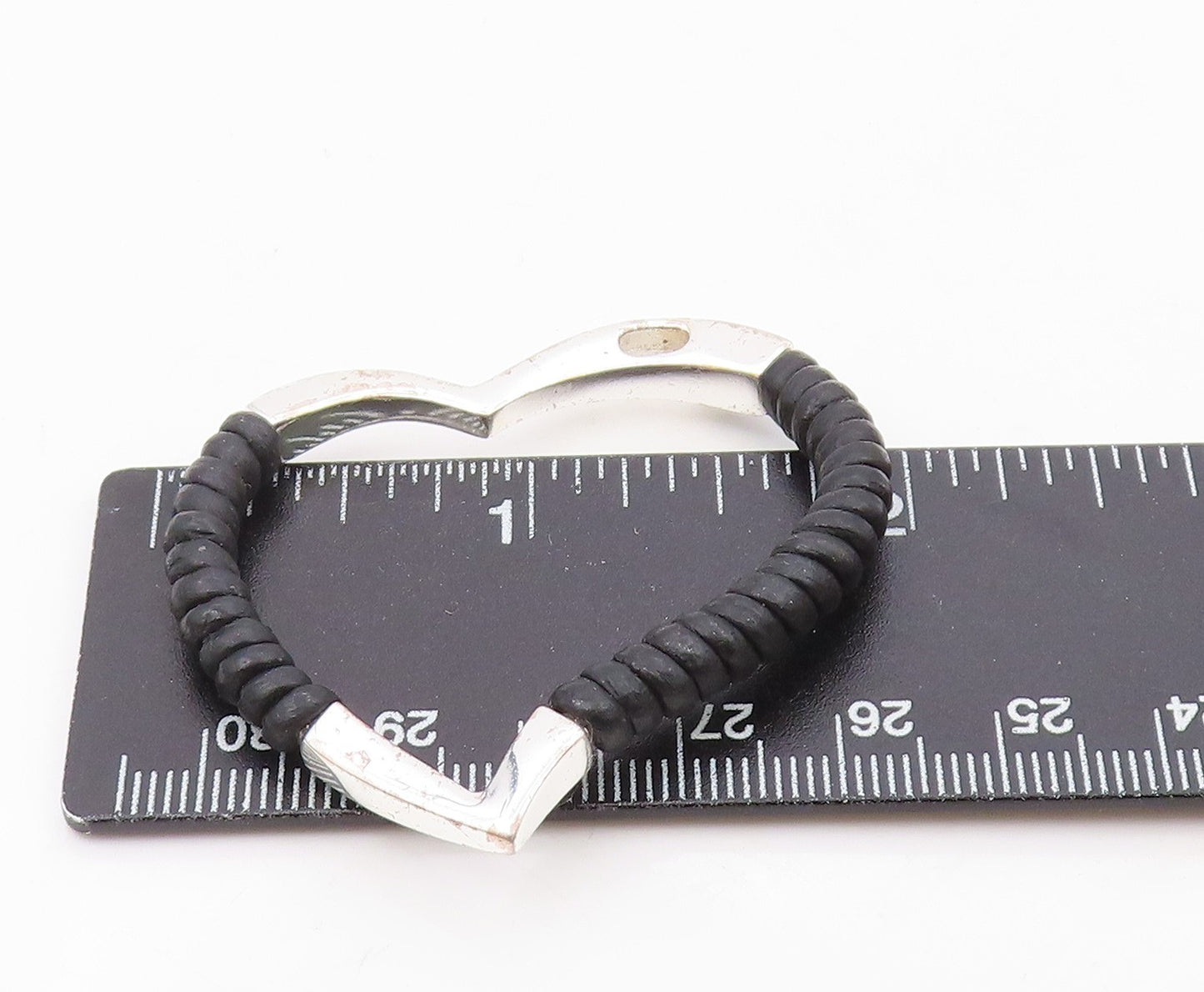 RD 925 Sterling Silver  Leather Wrapped Shiny Open Love Heart Pendant  PT7779