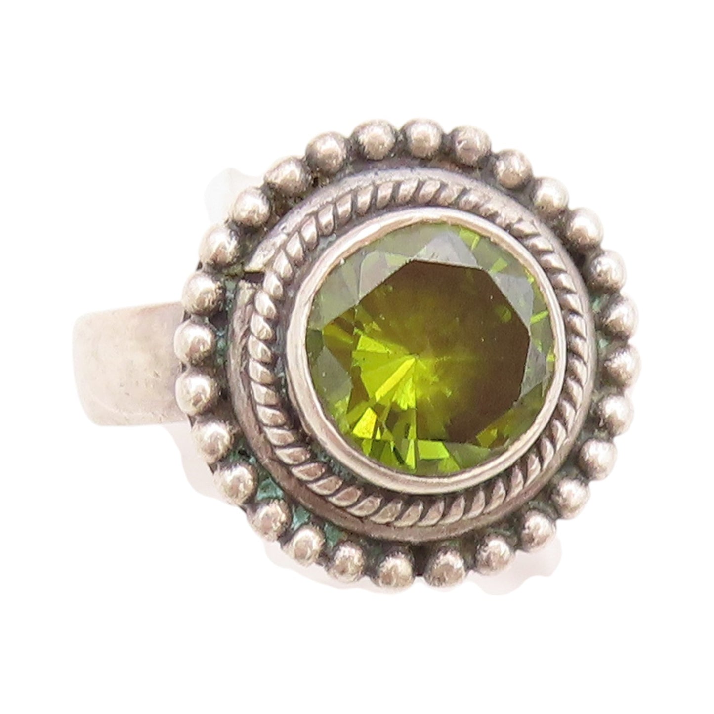 925 Sterling Silver Vintage Ring Round Peridot Halo Grooved Rings  Sz 7  RG32932