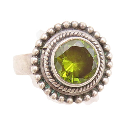 925 Sterling Silver Vintage Ring Round Peridot Halo Grooved Rings  Sz 7  RG32932