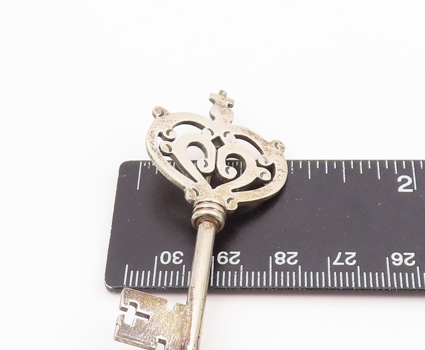 925 Sterling Silver Vintage Brooch Pin MEXICO Antique Crown Cutout Key  BP12486