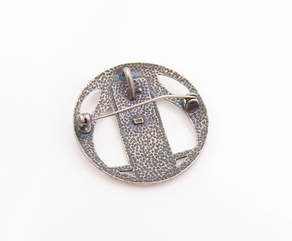 925 Sterling Silver Vintage Brooch Enameled Geometric Grace Medallion  BP11833