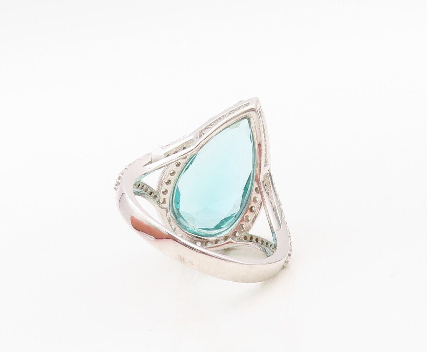 925 Sterling Silver Vintage Ring Designer Drop Cut Aquamarine & CZ Sz 7  RG30028
