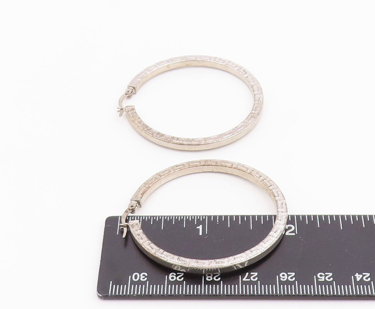 925 Sterling Silver Vintage Earrings Engraved Greek Key Pattern Hoops  EG14252