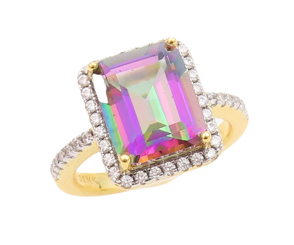 925 Sterling Silver Vintage Ring Gold Plated Mystic Topaz Halo CZ  Sz 7  RG30241
