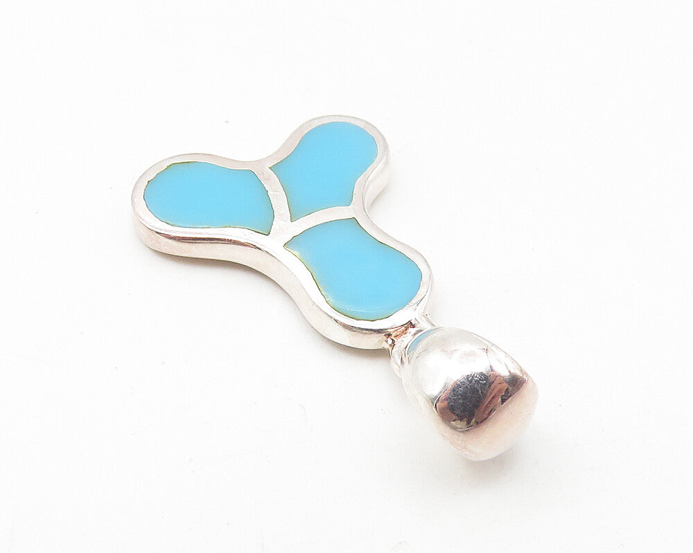 925 Sterling Silver  Petite Inlaid Turquoise Pattern Drop Pendant  PT8824